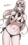  1girl alternate_costume areola_slip areolae bangs bare_shoulders bikini black_bikini black_gloves blue_eyes blush breasts cowboy_shot danganronpa_(series) danganronpa_v3:_killing_harmony fingerless_gloves gloves goggles hair_between_eyes hand_up highres iruma_miu large_breasts leaning_to_the_side long_hair looking_at_viewer micro_bikini navel pink_eyes purumetal side-tie_bikini simple_background solo swimsuit translated white_background 