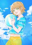  1boy :d ball bangs beachball blue_shirt blue_sky cloud commentary cowboy_shot danganronpa:_trigger_happy_havoc danganronpa_(series) danganronpa_s:_ultimate_summer_camp day fujisaki_chihiro green_eyes highres holding holding_ball looking_at_viewer male_focus open_mouth otoko_no_ko outdoors shirt short_hair sky smile solo striped striped_shirt sweater tsuna_(tuna1440) upper_teeth wading wet yellow_sweater 