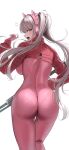  1girl @_@ absurdres alice_(nikke) ass blush bodysuit breasts commentary_request flying_sweatdrops from_behind gloves goddess_of_victory:_nikke grey_hair gun hana_hebi highres holding holding_gun holding_weapon large_breasts long_sleeves looking_at_viewer looking_back open_mouth pink_bodysuit pink_eyes pink_gloves pink_headphones puffy_long_sleeves puffy_sleeves red_shrug simple_background solo twintails weapon white_background 