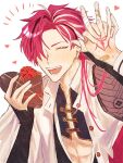 1boy 1girl :d \||/ bandaid bandaid_on_hand blush candy chocolate closed_eyes command_spell earrings fang fate/grand_order fate_(series) food fujimaru_ritsuka_(female) hair_over_one_eye hand_blush heart heart-shaped_chocolate hetero highres holding holding_chocolate holding_food holding_hands interlocked_fingers jacket jewelry long_sleeves male_focus multicolored_hair pov pov_hands red_hair smile stomach streaked_hair sweatdrop takasugi_shinsaku_(fate) tt_hmx white_background white_hair white_jacket 