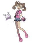  1girl :d arms_behind_back bag brown_hair eneko_(olavcnkrpucl16a) eyelashes goomy green_eyes happy highres looking_at_viewer open_mouth pink_bag pink_footwear pink_shirt pokemon pokemon_(creature) pokemon_xy shauna_(pokemon) shirt shoes short_shorts short_sleeves shorts shoulder_bag simple_background smile standing teeth twintails upper_teeth_only white_background 