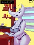 absurd_res annoying_dog_(undertale) anthro bra breasts clothed clothing crestina_(undertale_yellow) dialogue drasha69 eyelashes female hi_res inside kitchen lingerie looking_at_viewer mature_female monster moon open_mouth panties smile solo text thick_thighs topwear undertale_(series) undertale_yellow underwear