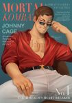  1boy absurdres bara belt black_belt brown_hair chest_tattoo collared_shirt cover english_text fake_magazine_cover highres jewelry johnny_cage large_pectorals magazine_cover male_focus mindiearts mortal_kombat_(series) mortal_kombat_1_(2023) multiple_rings muscular muscular_male pants pectorals red_shirt ring shirt short_hair sitting smile solo sunglasses tattoo teeth white_pants 