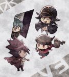  1girl 3boys :/ aoki_(fumomo) bangs black_cape black_headwear black_skirt blood brown_eyes buttons cape checkered checkered_scarf chibi closed_eyes commentary_request danganronpa_(series) danganronpa_v3:_killing_harmony door double-breasted flipped_hair grey_background hair_between_eyes hair_ornament hair_scrunchie harukawa_maki holding holding_pipe jacket jacket_on_shoulders long_hair long_sleeves looking_at_another mole mole_under_eye momota_kaito multiple_boys open_door open_mouth ouma_kokichi pants pink_blood pink_jacket pink_pants pipe red_scrunchie red_shirt running saihara_shuuichi scarf scrunchie serious shirt short_hair skirt translation_request 