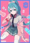  1girl 39 black_necktie blue_border blue_eyes blue_hair border bow breasts closed_mouth collared_shirt commentary_request diagonal-striped_clothes diagonal-striped_necktie fen_renlei green_skirt hair_between_eyes hand_on_headphones hand_up hatsune_miku headphones headphones_around_neck highres hood hood_down hooded_jacket jacket long_hair looking_at_viewer miku_day necktie off_shoulder open_clothes open_jacket pink_jacket pleated_skirt ponytail project_diva_(series) red_background red_bow ribbon_girl_(module) shirt sitting skirt small_breasts smile solo striped_clothes thighhighs very_long_hair vocaloid wariza white_shirt white_thighhighs 