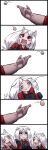  3girls 6koma animal_ears black_gloves black_vest broken_egg cerberus_(helltaker) closed_eyes demon_girl dog_ears egg gloves haraya_manawari helltaker highres laughing_wolves long_hair long_sleeves meme multiple_girls red_eyes red_shirt shirt triplets vest white_hair 