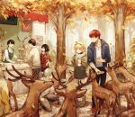  3boys 3girls autumn_leaves blonde_hair boots deer earrings food forest hairband hood hoodie jacket jewelry multiple_boys multiple_girls nature original red_footwear red_hair short_hair smile white_undershirt yukihomu 