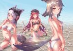  3girls absurdres animal_ears arknights ass atelier_shirahae bikini black_bikini black_headwear blush breasts cleavage collarbone cutter_(arknights) demon_horns demon_tail fox_ears fox_girl fox_tail frostleaf_(arknights) hair_ornament hat highres horns kneeling long_hair looking_at_viewer medium_breasts multiple_girls ocean outdoors pointy_ears red_eyes red_hair red_shirt shirt slingshot_swimsuit smile soaking_feet standing swimsuit tail very_long_hair vigna_(arknights) water white_bikini x_hair_ornament 