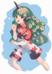  1girl absurdres blush cindy717 cloud_print collared_shirt cropped_legs curly_hair fang feet_out_of_frame green_eyes green_hair highres horns kariyushi_shirt komano_aunn long_hair open_mouth red_shirt shirt short_sleeves shorts single_horn smile solo touhou white_shorts 