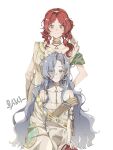  2girls 37_(reverse:1999) ancient_greek_clothes armlet blue_eyes blue_hair book gold_choker greco-roman_clothes headband highres holding holding_book long_hair multiple_girls red_hair reverse:1999 smile sophia_(reverse:1999) toga white_background yellow_eyes 