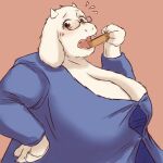 1:1 anthro big_breasts boss_monster_(undertale) bovid breasts caprine cleavage clothed clothing eating emanata eyewear female floppy_ears fur glasses goat hi_res horn kommodore64 looking_at_viewer mammal mature_anthro mature_female open_mouth simple_background slightly_chubby slightly_chubby_anthro slightly_chubby_female solo teacher teeth toriel undertale_(series) white_body white_fur