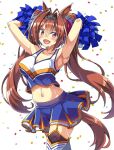  1girl animal_ears armpits arms_up blue_skirt blush breasts brown_hair cheering cheerleader cleavage collarbone confetti crop_top daiwa_scarlet_(umamusume) fang hair_intakes highres holding holding_pom_poms horse_ears horse_girl horse_tail large_breasts layered_legwear long_hair looking_at_viewer macaroni_hourensou miniskirt navel open_mouth pleated_skirt pom_pom_(cheerleading) red_eyes shirt skin_fang skirt sleeveless sleeveless_shirt smile solo sweat tail thighhighs tiara twintails umamusume very_long_hair white_background 