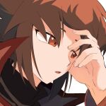  1boy black_shirt brown_eyes brown_hair hand_on_forehead high_collar highres jacket kd_(jichaman1) long_sleeves looking_ahead male_focus open_mouth portrait red_jacket shirt short_hair simple_background white_background yu-gi-oh! yu-gi-oh!_gx yuuki_juudai 