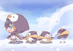  1girl animal_hood bangs bird black_footwear blonde_hair blue_eyes blush brown_hair chibi cloud fang highres hood mogyiu mountain multicolored_hair nijisanji nijisanji_en open_mouth penguin penguin_hood petra_gurin skin_fang skirt sky smile snow solo_focus streaked_hair virtual_youtuber walking white_skirt 