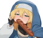  1boy black_gloves blonde_hair blue_hoodie bridget_(guilty_gear) corn_dog fingerless_gloves flasso food gloves green_eyes guilty_gear guilty_gear_strive hair_between_eyes hand_up highres holding holding_food hood hood_up hoodie long_sleeves medium_hair puffy_long_sleeves puffy_sleeves simple_background solo upper_body white_background 