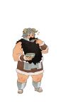  1boy bara beard blush brown_hair dungeon_meshi dwarf facial_hair fake_horns full_body helmet honey horned_helmet horns keltbh long_beard male_focus muscular muscular_male plump senshi_(dungeon_meshi) solo sparkle standing tachi-e tasting thick_mustache thighs tongue tongue_out very_long_beard white_background 