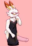 anthro aster_greentea big_penis black_sclera choker clothed clothing crossdressing flirting_look generation_8_pokemon genitals hi_res jewelry male meme meme_clothing necklace nintendo one_eye_closed peeking_penis penis pokemon pokemon_(species) scorbunny solaris_(btwalexhere) solo wink yellow_eyes