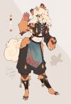 anthro blue_eyes bottomwear caelestishound canid canine chaps clothed clothing crop_top fluffy fur gesture hair hair_over_eye hi_res hisuian_form hisuian_growlithe horn loincloth male mammal midriff nintendo one_eye_obstructed orange_body orange_fur palette paws pokemon pokemon_(species) regional_form_(pokemon) shirt signature silhouette smile solo topwear vest waving white_hair