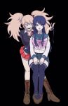  2girls bangs bear_hair_ornament black_background blue_eyes blue_hair boots bow breasts commentary_request cross-laced_footwear danganronpa:_trigger_happy_havoc danganronpa_(series) enoshima_junko evil_smile full_body hair_ornament hairclip highres invisible_chair knee_boots large_breasts long_hair looking_at_viewer maizono_sayaka miniskirt mokuzou_(mokumokuzo) multiple_girls nail_polish pale_skin pink_bow playing_with_another&#039;s_hair red_skirt school_uniform serafuku shirt simple_background sitting skirt smile thighhighs white_shirt 