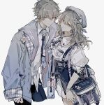  1boy 1girl absurdres bag beret blue_skirt bow bowtie caelus_(honkai:_star_rail) closed_mouth collared_shirt cowboy_shot fashion grey_hair grey_headwear grey_jacket grey_necktie hair_between_eyes handbag hat highres honkai:_star_rail honkai_(series) jacket long_hair long_sleeves looking_at_viewer mulihaohao necktie open_clothes open_jacket plaid plaid_jacket plaid_necktie puffy_short_sleeves puffy_sleeves school_uniform shirt short_hair short_sleeves simple_background skirt smile stelle_(honkai:_star_rail) suspender_skirt suspenders trailblazer_(honkai:_star_rail) two-sided_fabric two-sided_jacket white_background white_bow white_bowtie white_shirt yellow_eyes 