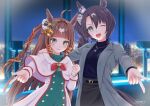 2girls ahoge animal_ears blurry blurry_background brown_hair casual cityscape closed_mouth green_eyes hair_ornament horse_ears horse_girl jewelry long_hair looking_at_viewer multiple_girls necklace night night_sky one_eye_closed open_mouth satono_crown_(umamusume) side_ponytail signature sky smile terao_hiromu umamusume 