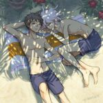  2boys ahoge arm_behind_head arm_up bangs barefoot beach black_hair brown_hair closed_eyes collarbone commentary danganronpa_(series) danganronpa_2:_goodbye_despair english_commentary facing_viewer foreshortening grey_hair hand_on_own_stomach hinata_hajime komaeda_nagito lying male_focus male_swimwear multiple_boys navel on_side parted_lips short_hair sleeping swim_trunks teeth tree_shade twitter_username yandr4hope 