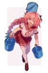  1boy 1girl astolfo_(fate) astolfo_(sailor_paladin)_(fate) black_ribbon blush braid braided_ponytail brown_footwear bucket bucket_on_head commentary_request echo_(circa) fang fate/grand_order fate_(series) hair_ribbon holding holding_bucket long_hair multicolored_hair neckerchief object_on_head official_alternate_costume one_eye_closed otoko_no_ko pink_hair pink_neckerchief pleated_skirt purple_eyes red_sailor_collar red_skirt ribbon sailor_collar school_uniform serafuku shirt shoes short_sleeves simple_background skirt smile solo standing standing_on_one_leg streaked_hair thighhighs very_long_hair white_background white_hair white_shirt white_thighhighs 