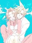  1boy 1girl aerith_gainsborough alternate_costume aqua_background blonde_hair blue_eyes blush breasts brown_hair closed_eyes cloud_strife commentary_request dress earrings final_fantasy final_fantasy_vii final_fantasy_vii_remake frown hair_between_eyes hair_ribbon hug hug_from_behind jewelry long_sleeves medium_breasts open_mouth parted_bangs pink_shirt ribbon shirt short_hair sidelocks single_earring sitting sleeves_rolled_up smile spiked_hair tokiokiyu turtleneck upper_body white_dress white_shirt 