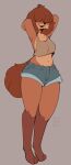 2024 anthro bottomwear breasts brown_body brown_fur cheek_tuft clothed clothing countershade_torso countershading dated digital_media_(artwork) facial_tuft fully_clothed fur grey_background hi_res hotpants mammal midriff navel shorts signature simple_background solo standing tohupo tuft