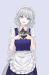  1girl apron blue_background blue_dress blue_eyes blue_hair blue_nails dress head_tilt heart heart_hands highres izayoi_sakuya kashiwada_kiiho maid maid_apron maid_headdress shirt short_sleeves sketch smile solo touhou white_apron white_headdress white_shirt 