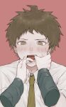  2boys absurdres blush brown_eyes brown_hair commentary danganronpa_(series) danganronpa_2:_goodbye_despair disembodied_limb fang finger_in_another&#039;s_mouth green_neckwear highres hinata_hajime hism_25_(tsumari) komaeda_nagito looking_at_viewer male_focus multiple_boys necktie open_mouth piercing pink_background pov red_background saliva shirt simple_background tongue tongue_out tongue_piercing upper_body yaoi 