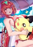  1girl :d ;d absurdres aegis_sword_(xenoblade) bangs beach beach_umbrella bikini blue_sky breasts chest_jewel cloud crossover day drp_izm gen_2_pokemon highres large_breasts looking_at_viewer one_eye_closed open_mouth pac-man pac-man_(game) pichu pokemon pokemon_(creature) pyra_(xenoblade) red_eyes red_hair red_shorts short_hair shorts sky smile sun super_smash_bros. swept_bangs swimsuit umbrella xenoblade_chronicles_(series) xenoblade_chronicles_2 