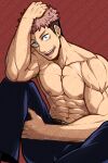  1boy abs bara black_hair hand_on_own_head highres itadori_yuuji jujutsu_kaisen kuroshinki looking_at_viewer male_focus muscular muscular_male navel nipples pectorals pink_hair shirtless short_hair sideburns sitting solo spiked_hair stomach undercut veins 