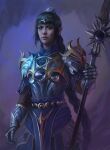  1girl absurdres armor baldur&#039;s_gate baldur&#039;s_gate_3 bella_bergolts black_hair breastplate cowboy_shot diadem dungeons_and_dragons gauntlets green_eyes hair_ornament highres holding holding_polearm holding_weapon long_hair looking_at_viewer multicolored_background polearm scar scar_on_face scar_on_nose shadowheart_(baldur&#039;s_gate) solo weapon 