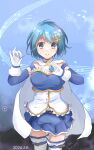  1girl blue_eyes blue_hair bow_(music) breasts cape dated detached_sleeves fortissimo gem gloves hair_ornament highres holding holding_bow_(music) holding_gem kujiramo magical_girl mahou_shoujo_madoka_magica mahou_shoujo_madoka_magica_(anime) medium_breasts miki_sayaka miniskirt musical_note musical_note_hair_ornament pleated_skirt short_hair signature skirt smile soul_gem sparkle staff_(music) thighhighs white_cape white_gloves zettai_ryouiki 