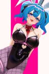  1girl absurdres animal_ears arms_behind_back ass_visible_through_thighs bare_shoulders black_leotard blue_eyes blue_hair blush breasts clothing_cutout commentary_request cutout_above_navel detached_collar fake_animal_ears fishnet_pantyhose fishnets hair_ornament halterneck hatsune_miku heart heart_cutout highleg highleg_leotard highres large_breasts leotard looking_at_viewer mcbox open_mouth pantyhose pink_pupils playboy_bunny rabbit_ears rabbit_hole_(vocaloid) short_hair smile solo teardrop_facial_mark thigh_gap thigh_strap twintails vocaloid x_hair_ornament 