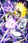  1boy absurdres alternate_form aura black_vest dragon_ball dragon_ball_super energy feet_out_of_frame glowing highres muscular muscular_male pants purple_eyes purple_hair sekitsuki_hayato smirk solo ultra_ego_(dragon_ball) ultra_instinct vest white_pants 