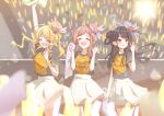  3girls ^_^ black_hair black_shirt blonde_hair blurry blush boater_hat brown_hair closed_eyes commentary_request confetti depth_of_field glowstick hachimiya_meguru hair_bun highres idolmaster idolmaster_shiny_colors illumination_stars_(idolmaster) kazano_hiori looking_to_the_side magna_art multiple_girls outstretched_arm print_shirt sakuragi_mano shirt shirt_tucked_in single_side_bun skirt smile tilted_headwear white_skirt 