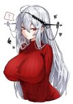  1girl ? angelfish arknights arms_at_sides blush breasts closed_mouth cropped_torso dot_nose fish grey_hair hair_between_eyes highres horn/wood huge_breasts impossible_clothes impossible_sweater long_hair looking_at_viewer red_eyes red_sweater ribbed_sweater sidelocks simple_background skadi_(arknights) skadi_the_corrupting_heart_(arknights) smile solo spoken_question_mark straight_hair sweater turtleneck turtleneck_sweater white_background 