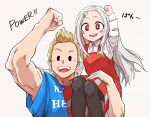  1boy 1girl absurdres biceps blonde_hair blue_shirt blush boku_no_hero_academia child clenched_hand dress eri_(boku_no_hero_academia) flexing hanten_(hantennano) highres holding horns long_hair looking_at_viewer muscular muscular_male open_mouth pinafore_dress quiff red_eyes shirt short_hair simple_background single_horn sleeveless sleeveless_dress smile t-shirt thick_arms togata_mirio white_hair 