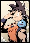  1boy black_hair character_request creature creature_on_shoulder dougi dragon_ball dragon_ball_z halo highres kumolin33 looking_up male_focus on_shoulder salute slime_(dragon_quest) smile son_goku spiked_hair thick_eyebrows toned toned_male two-finger_salute upper_body 