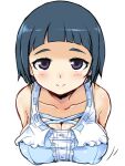  1girl bare_shoulders black_eyes blue_hair blue_shirt blunt_bangs blush breasts cleavage closed_mouth collarbone cropped_torso hirowa_nagi idolmaster idolmaster_cinderella_girls idolmaster_cinderella_girls_starlight_stage looking_at_viewer looking_up motion_lines okazaki_yasuha shirt short_hair simple_background sleeveless sleeveless_shirt small_breasts smile solo upper_body white_background 