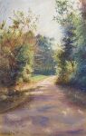  dappled_sunlight day forest highres nature no_humans norako_pastel original painting_(medium) pastel_(medium) path shadow sunlight traditional_media tree tree_shade 