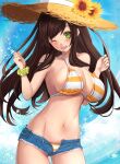  1girl bangs bare_shoulders bikini blue_shorts blush breasts brown_hair cleavage collarbone denim denim_shorts green_eyes hat highres large_breasts long_hair looking_at_viewer navel one_eye_closed open_mouth orange_bikini original short_shorts shorts smile solo straw_hat striped striped_bikini swimsuit thighs untue 