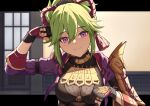  1girl absurdres black_gloves breasts breasts_apart closed_mouth fingerless_gloves genshin_impact gloves green_hair hair_between_eyes half_updo highres kuki_shinobu looking_at_viewer medium_breasts no_mask purple_eyes purple_sleeves shuazir skin_tight smile solo upper_body 