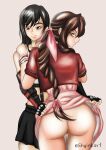  2girls aerith_gainsborough ass assisted_exposure black_hair dress final_fantasy final_fantasy_vii final_fantasy_vii_remake from_behind gloves highres jacket lifting_another&#039;s_clothes long_hair multiple_girls no_panties pink_dress red_jacket self-upload shyinkart smile tifa_lockhart 