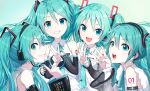  4girls absurdres aqua_eyes aqua_hair aqua_nails aqua_necktie arm_tattoo character_name collared_shirt commentary_request detached_sleeves finger_counting grin hair_ornament hatsune_miku hatsune_miku_(nt) hatsune_miku_(vocaloid3) hatsune_miku_(vocaloid4) headphones headset highres index_finger_raised itogari long_hair looking_at_viewer middle_w multiple_girls nail_polish necktie number_tattoo open_mouth parted_lips shirt sleeveless sleeveless_shirt smile tattoo teeth tie_clip twintails upper_body v vocaloid w white_shirt wide_sleeves 