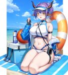  1girl absurdres animal_ears arknights armband bare_legs bare_shoulders beach bottle breasts cow_ears cow_girl cow_horns gloves halter_top halterneck happy highres horns inflatable_toy jacket_partially_removed kneeling large_breasts legs_together looking_at_viewer mili_(pixiv24297867) navel open_mouth pointy_ears ponytail purple_hair sideroca_(arknights) sideroca_(light_breeze)_(arknights) solo swimsuit thigh_strap thighs visor visor_cap water_bottle yellow_eyes 
