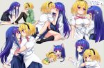  2girls animal_ears asymmetrical_docking blonde_hair blue_eyes blue_hair blush blush_stickers breast_grab breast_press breasts cat_ears cat_girl cat_tail chibi closed_eyes commentary_request eru eye_contact fang furude_rika grabbing hairband hand_on_another&#039;s_face higurashi_no_naku_koro_ni houjou_satoko hug hug_from_behind kemonomimi_mode kiss kneeling large_breasts long_hair looking_at_another multiple_girls no_shoes older open_mouth pantyhose pout purple_eyes school_uniform short_hair simple_background sitting skirt smile socks sparkling_eyes sweat tail translation_request wavy_mouth yuri 
