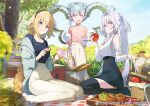  3girls ahoge akinashi_yuu alternate_costume apple blonde_hair blue_eyes closed_mouth cup day fate/grand_order fate_(series) food fruit holding holding_cup horns jeanne_d&#039;arc_(fate) larva_tiamat_(fate) long_hair merlin_(fate/prototype) multiple_girls open_mouth outdoors pants picnic picnic_basket pink_eyes shirt_tucked_in sitting skirt smile star-shaped_pupils star_(symbol) symbol-shaped_pupils teacup tiamat_(fate) watermark white_hair 